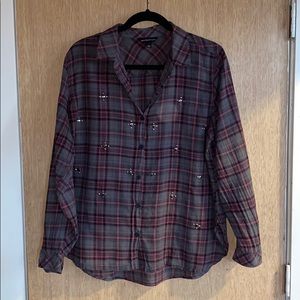 Rock & Republic Plaid Sheer Studded Blouse/Sz L